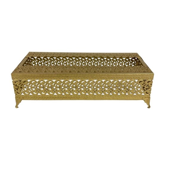 Gold Gilt Metal Filigree Tissue Box Holder Rectangular Footed Hollywood Regency - Picture 3 of 6